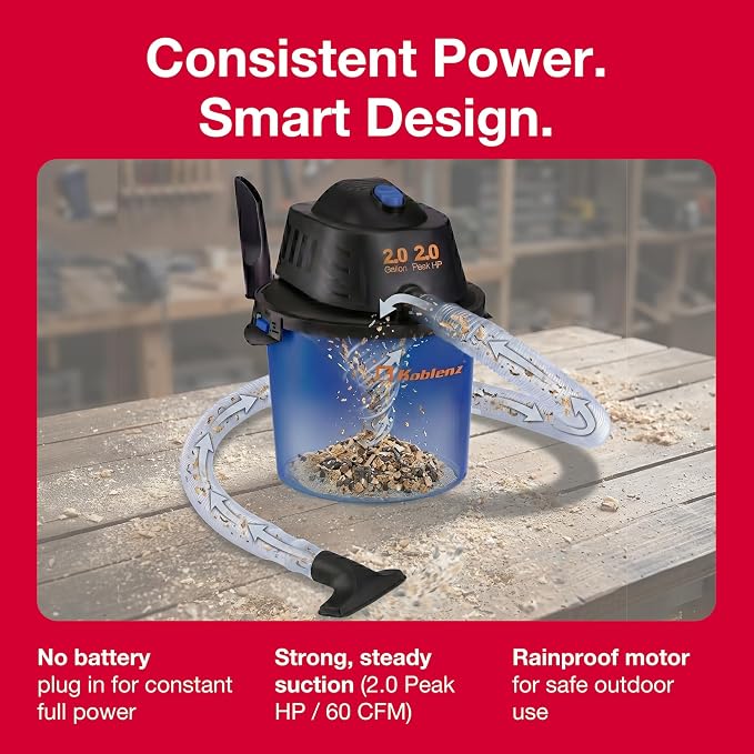 Koblenz WD-2L Wet Dry Vacuum Cleaner, Home Car Garage Workshop, 2.0 PHP | 60 CFM, 10 Ft Reach, Twist-N-Lock Hose, Small Shop Vac, Portable Shop Vac for Home Car Garage Workshop, Accessories Included