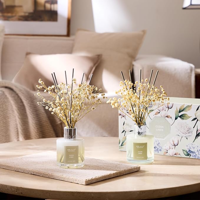 Reed Diffuser 3.38 oz (100ml) 2pk, Clean Linen Scented Reed Diffuser Set,Reed Diffuser & Oil Diffuser Sticks, Aromatherapy, Airkeep Reed Diffuser Set Box 2-Clean Linen