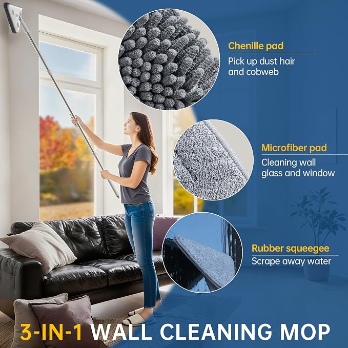 Wall Cleaner Mop with Long Handle, Dust Mop with 6 Reusable Pads | 3-in-1 Wall Duster with Extension pole, 58in Long Handle for Wall/Ceiling/Baseboard/Floors