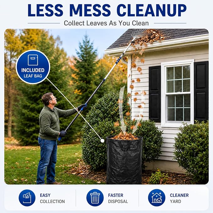 24FT Telescoping Roof Rake, 30FT Reach Leaf Rake for Leaves & Pine Needles | Complete Kit With Gutter Cleaning Attachment, Adjustable Rake Head, Flexible Brush & Storage Bag.