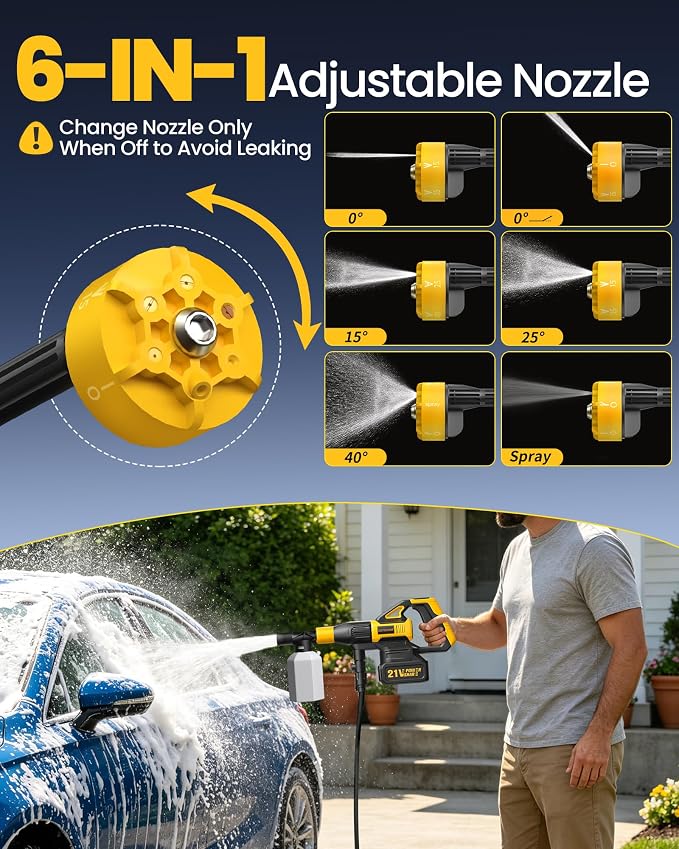 Cordless Portable Washer, Battery Operated Car Washer with 21V Battery & Charger, 990 PSI, 6-in-1 Nozzle, Foam Pot, 23FT High-Elastic Hose, Handheld Cleaner for Home Garden Patio (FlashYellow-Black)