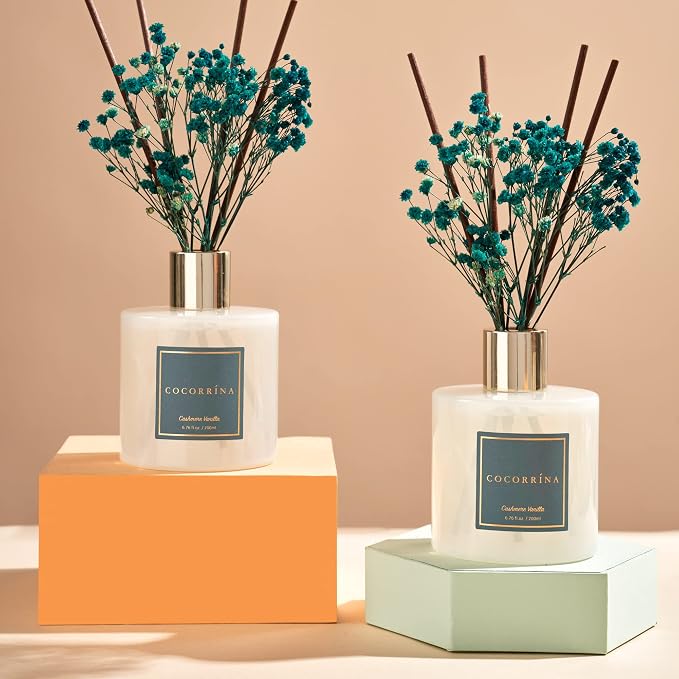 Premium Reed Diffuser Set with Preserved Baby's Breath & Cotton Stick Cashmere Vanilla 2 Packs, 6.7oz Scent Fragrance Oil Diffuser for Bedroom Bathroom Home Décor