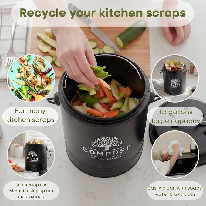 Perfnique Kitchen Compost Bin, 1.3 Gallon Countertop Compost Bin with Lid, Indoor Compost Bucket Includes Inner Bucket Liner and Carbon Filter, Small Compost Bin with Trash Bags (with Bags, Black)