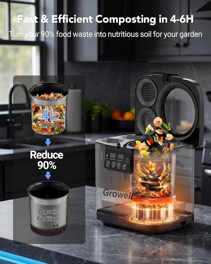 Growell 4L Electric Composter for Kitchen, Countertop, Indoor Compost Bin | Dual Carbon Filter, Auto-Clean, Long-Life Brushless Motor, LED Touch Panel, <40dB, Visible Window, Food Wast Recycler, Black