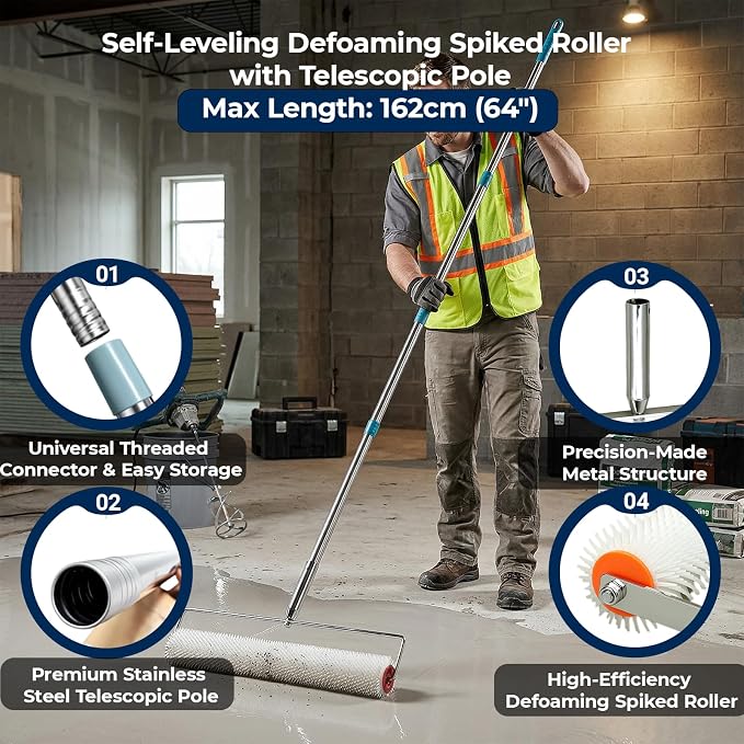 Complete Self-Leveling Concrete Tool Kit with Spiked Rollers | Includes 9 and 20 in spiked rollers, splash guard, extension poles, putty knife and spiked shoes