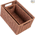 HOONEX Woven Baskets for Storage, Paper Rope Baskets with Sturdy Metal Wire Frame, Baskets for Shelves, Set of 2, Dark Brown