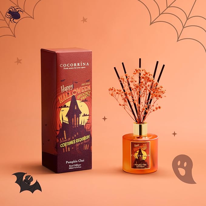 Reed Diffuser - Pumpkin Chai 6.7 fl oz Scented Diffuser with 8 Sticks Home Fragrance Bathroom Shelf Decor (Halloween Collection)