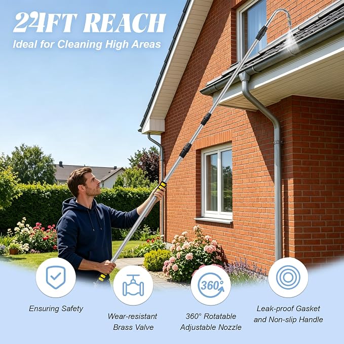 24FT Reach Gutter Cleaning Tools from Ground, 16FT Telescoping Rain Gutter Cleaner with 360° Rotating Metal Nozzle, Brass Shut-Off Valve, Leak-Proof Hose Attachment for Garden Hose