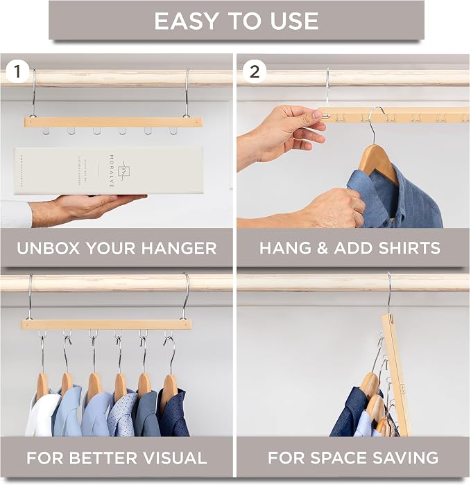 MORALVE Space Saving Hangers for Closet – 4 Pack European Beechwood 6-Tier Shirt Organizer with 360° Swivel Hook – Collapsible Clothes Hanger for Closet Organization (Hangers Not Included)