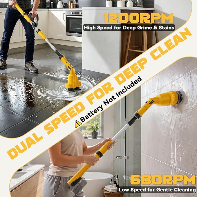 NATBEESY 2 in 1 Electric Spin Scrubber Compatible with DeWalt 20V Battery(Tool Only), Dual-Head Power Scrubber, 680/1200 RPM, 45° Adjustable Head, Extendable Handle for Tile, Tub, Floor & Bathroom