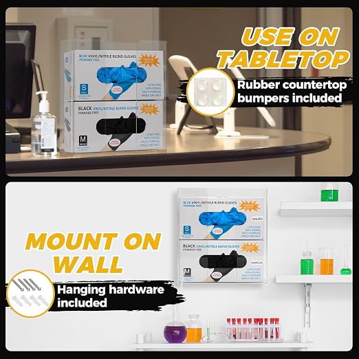Double Glove Box Holder Dispenser - Kitchen, Medical, & Latex Gloves Holder Wall Mount or Countertop, Universal Fit - Thick Acrylic, Easy to Use, Slide, & Load Open Top Design - Clear