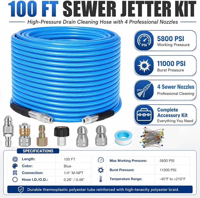 100 FT Sewer Jetter Kit for Pressure Washer, 5800PSI Drain Cleaner Hose | 1/4 Inch NPT Corner with 4 Sewer Jetting Nozzles, Pearl Corsage Pin, Waterproof Tape, Handle Strap&2 Spanner (Blue)