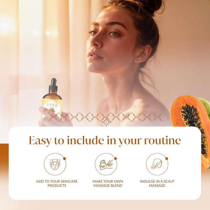 SIVA Papaya Seed Carrier Oil, Glass Bottle with Dropper, 4 Fl Oz (118 ml) | Papaya Seed Oil for Face Care, Skin Care, Facial Oil, Hair Care, Scalp Massage, Body Massage, Dilution & DIY Beauty Blends