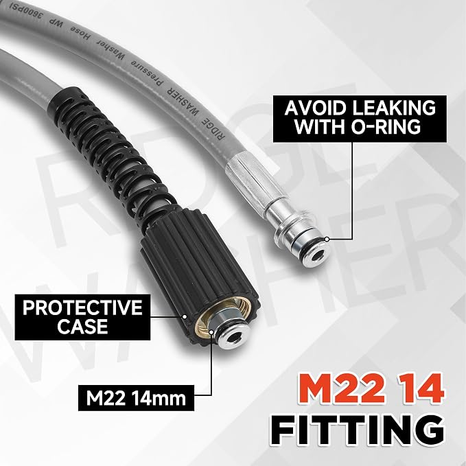 RIDGE WASHER Pressure Washer Hose 50FT, 1/4 Inch, M22 14 Fitting | Kink Resistant, 3600 PSI, Compatible with Most Pressure Washer Accessories