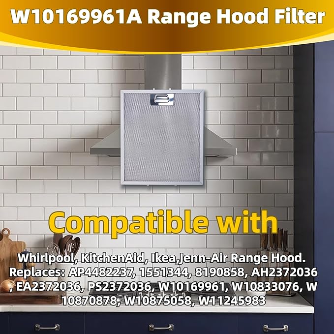 W10169961A 5 Layer Aluminum Mesh Range Hood Filter Replacement 12" x 10.5" for Whirlpool Vent Hood Filter Oven Overhead Exhaust Fan 2 pack