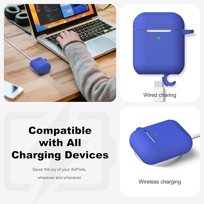 R-fun for AirPods 1/2 Case, Soft Silicone Protective Cover with Keychain and Cleaning Pen, Compatible with AirPods 2nd/1st Generation (2016/2019), Full Drop Protection Cover, Blue