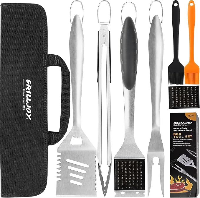 grilljoy 8PCS BBQ Grill Tools Set with Extra Thick Stainless Steel Spatula, Fork, Tongs & Cleaning Brush - Complete Barbecue Accessories Kit with Portable Bag - Perfect Grill Gifts for Father's Day