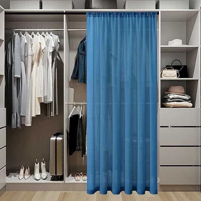 Tollpiz Sheer Door Curtains Closet Linen Textured Curtains Sheer Doorway Light Filtering Voile Rod French Door Pocket Curtain Patio Glass Door, 25 x 72 inches Long, Classic Blue, Set of 1 Panel