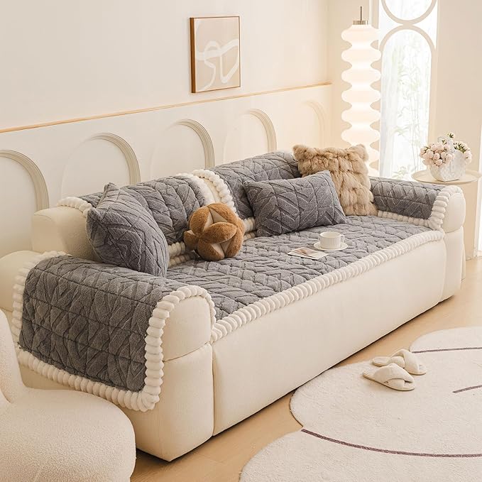 OTOB Plush Couch Cover for Dogs Washable, Non Slip Fuzzy Soft Armrest Backrest Sofa Slipcovers Geometric Jacquard Pet Friendly Couch Covers Protector All Season, 1 Piece (Gray, 27.6"x27.6")