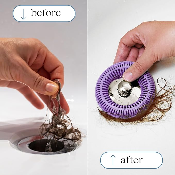 TubRing Pop-Up Drain Protector & Strainer Silicone Hair Catcher, Violet | Easy snap-in design fits around bathtub stoppers. Customizable utility guard for clog prevention. Fits 1.85"- 2.16" drains.