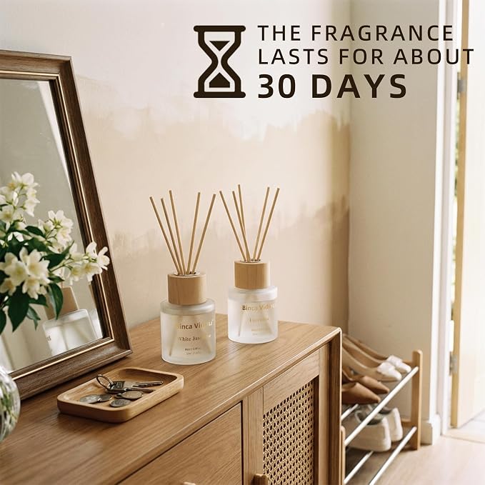 Reed Diffuser Set, Binca Vidou Lavender & White Jasmine Natural Scent Oil Diffusers with Sticks for Home Office Bathroom Aromatherapy Decor 1.69oz x 2
