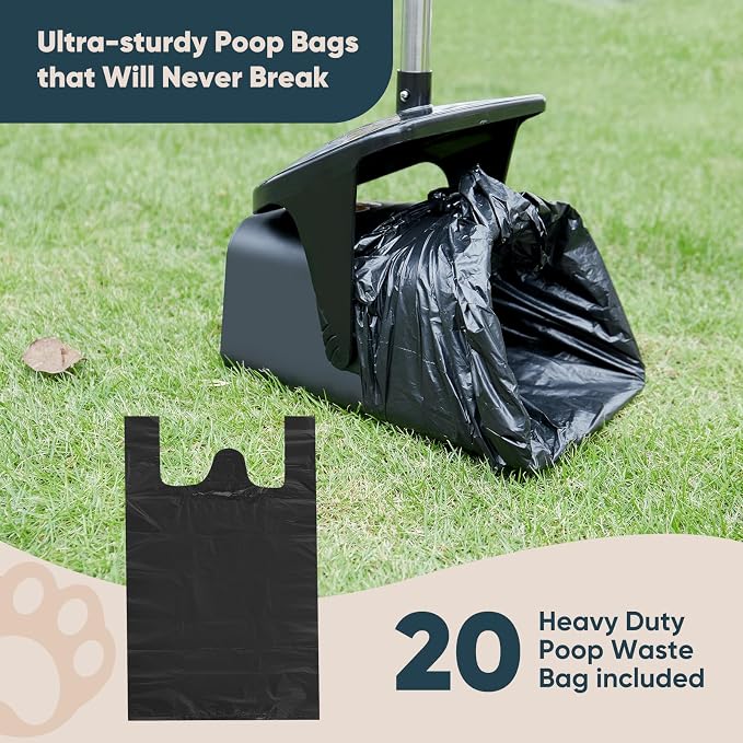 Stainless Steel Dog Pooper Scooper,40" Long Handle Swivel Bin and Rake,20 Waste Bags - Heavy Duty Portable Metal Poop Scooper for Large,Medium and Small Dogs