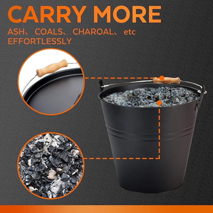 3.5 Gallon Ash Bucket with Lid and Shovel, Metal Fireplace Ash Bucket with Broom, Complete Fireplace Tools Set for Wood Stove and Fireplace
