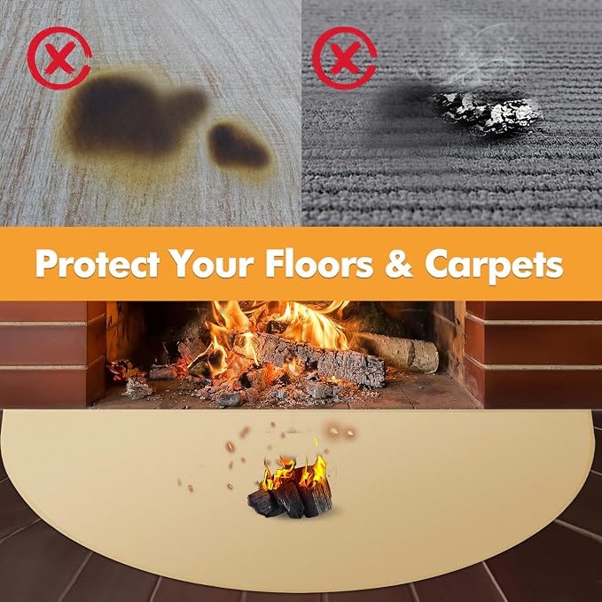 TOHONFOO Fireplace Mat for Home Protection, 4'11'' x 2'8'' x 0.04'', Khaki | 1800°F fireplace rugs fireproof, fiberglass hearth rugs for fireplaces fire resistant protect against embers, easy to clean