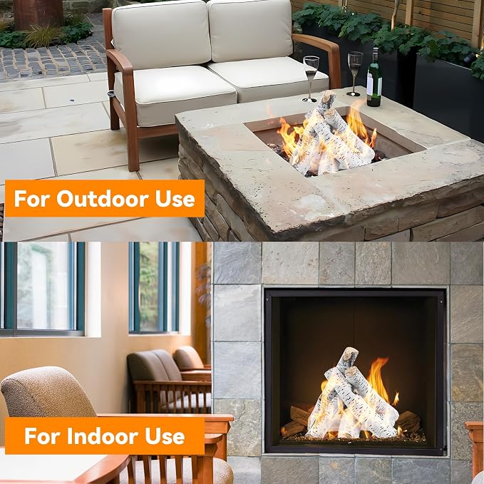Skyflame 6 Piece Ceramic White Birch Wood Logs for Fire Pit Fireplace | Gas Fireplace Logs Set, Indoor/Outdoor Gas Inserts, Ventless, Fire Table