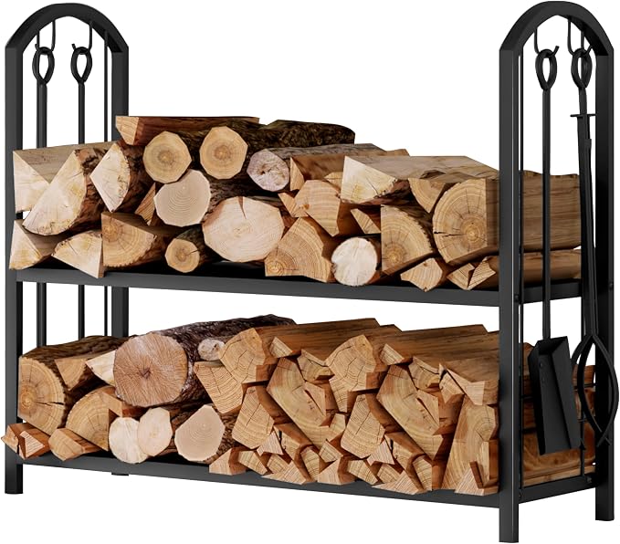 Fire Beauty Fireplace Firewood Log Rack 5-Piece Storage Logs Holder with Tools Set with 4 Tools Set Fireside Holders Wood Lumber Storage Stacking Black