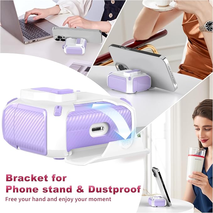 for AirPods 3 Case with Lock Phone Stand Magnetic Lid, Pur+White | Compatible with Apple AirPods 3rd Generation (2019) Case with Cleaner Kit & Carabiner, Powerful Drop Protection