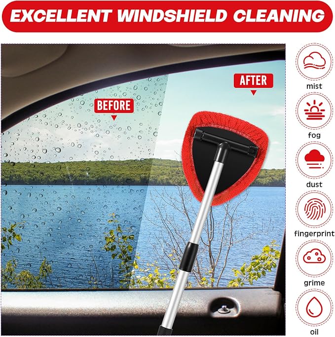 Potchen 8pcs Car Windshield Cleaner Tool with Extendable Handle, Red | with Microfiber Towel Pads, Brush, Empty Spray Bottle, Car Window Cleaner for Auto Glass Wiper Suvs Rvs & Home Windows