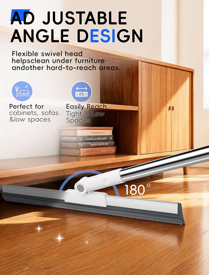 Floor Squeegee Broom with Long Handle, Heavy Duty Rubber Squeegee Kit, Scrubber for Tile Floor, Garage, Concrete with 2 Long Handles, 2 Squeegee Heads & 1 Cloth (Textured Blade 2-Pack)