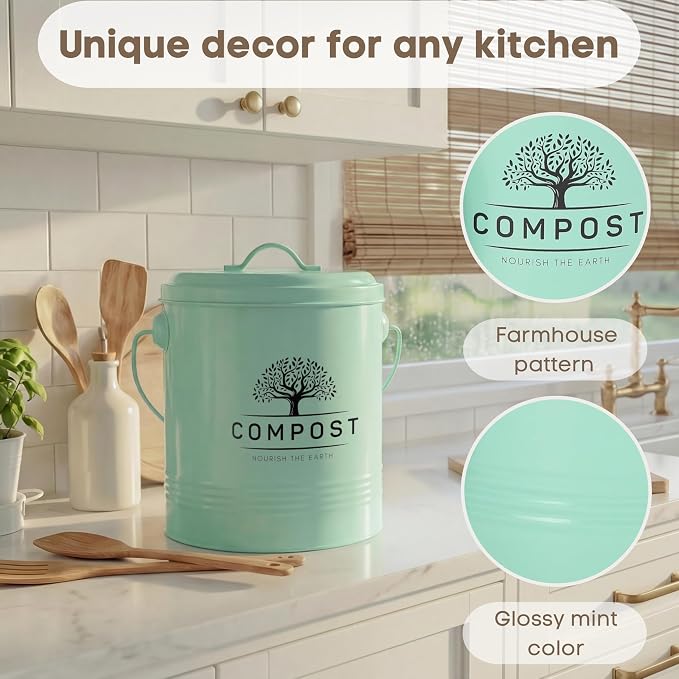 Perfnique Kitchen Compost Bin, 1.3 Gallon Countertop Compost Bin with Lid, Indoor Compost Bucket Includes Inner Bucket Liner and Carbon Filter, Small Compost Bin with Trash Bags (with Bags, Mint)
