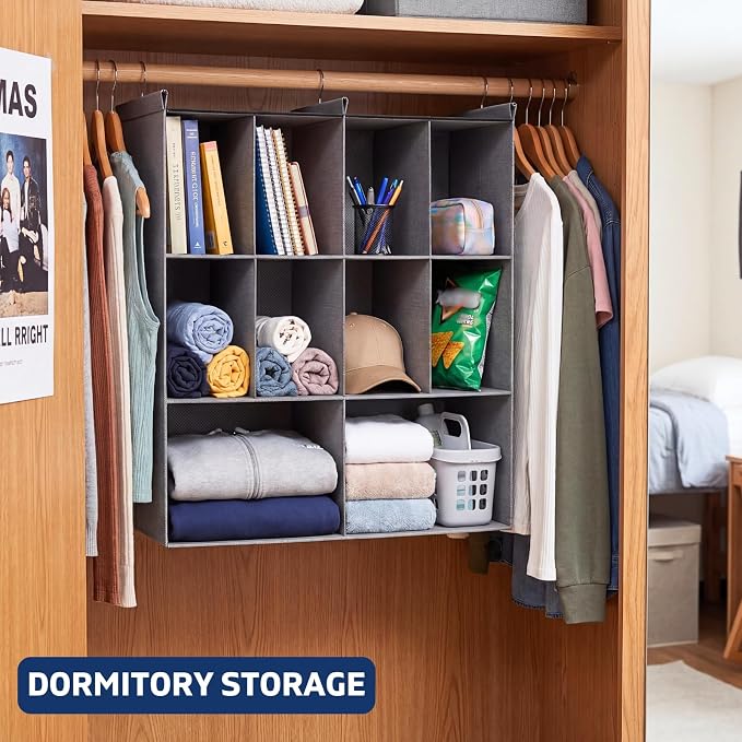 3 Tier Hanging Closet Organizer, 10 Compartments Dual Row Storage, Grey | Closet Organizers and Storage with Large & Small Pockets, 3 Sturdy Hooks Support Heavy Loads, for Dorm, RV, Garment Rack