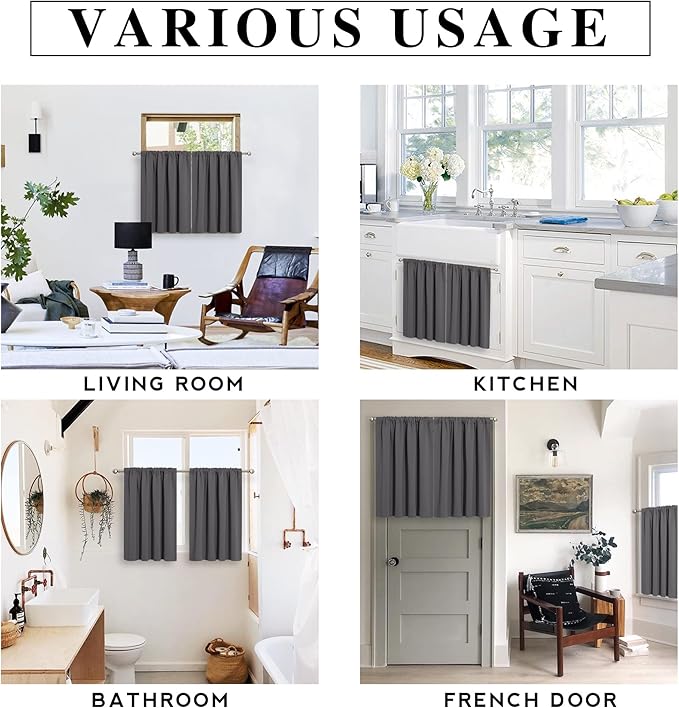 RYB HOME Mini Curtains for Small Window, Blackout Privacy Short Curtains Drapes Energy Efficient Shades for RV Camper Cafe Bathroom, W34 x L45 inches, Set of 2, Grey