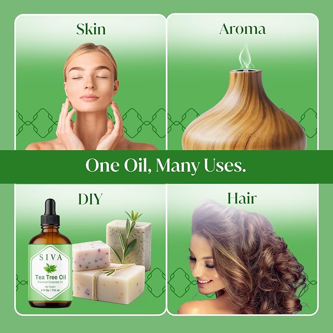 Siva Tea Tree Essential Oil, Glass Bottle with Dropper, 4 Fl Oz (118 ml) | Tea Tree Oil for Hair Care, Scalp Care, Face Care, Skin Care, Nail Care, Diffuser, Humidifier, Soap Making & DIY Blending