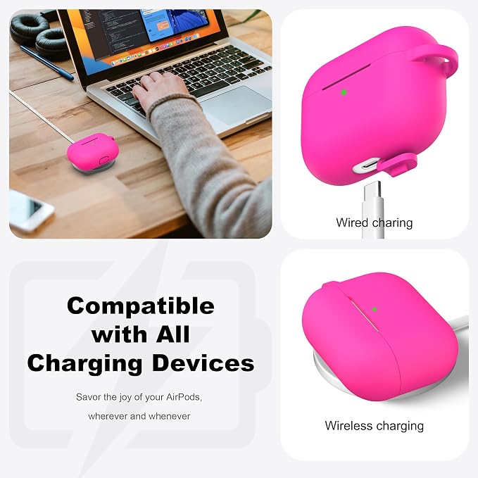 for AirPods Pro 2 Case, Soft Silicone Protective Cover with Keychain and Cleaning Pen, Compatible with AirPods Pro 2nd/1st Generation, Supports Wireless Charging, Rose Pink