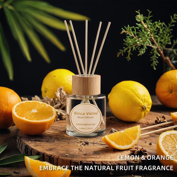 Reed Diffuser Set, Binca Vidou Lavender Orange & Lemon Natural Scent Oil Diffusers with Sticks for Home Office Bathroom Aromatherapy Decor 1.69oz x 2