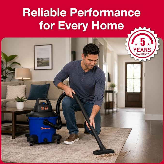 Koblenz WD-12 L4 Wet Dry Vacuum Cleaner, 12 Gallon 5.5 PHP | 3-in-1 Suction & Blower, 32 ft Reach, Large Vacuum Cleaner for Car, Shop Vacuum Wet and Dry, CLICK-N-LOCK Hose, Blue/Black