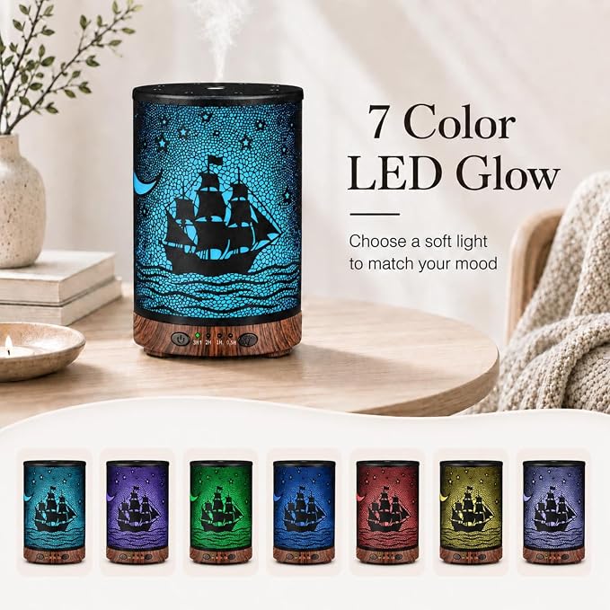 Essential Oil Diffuser 120ML Metal Aromatherapy Diffuser with Timer, Cool Mist Humidifier with Auto Shut-Off & 7 Color Lights for Home Office Spa (Sailing Ship)