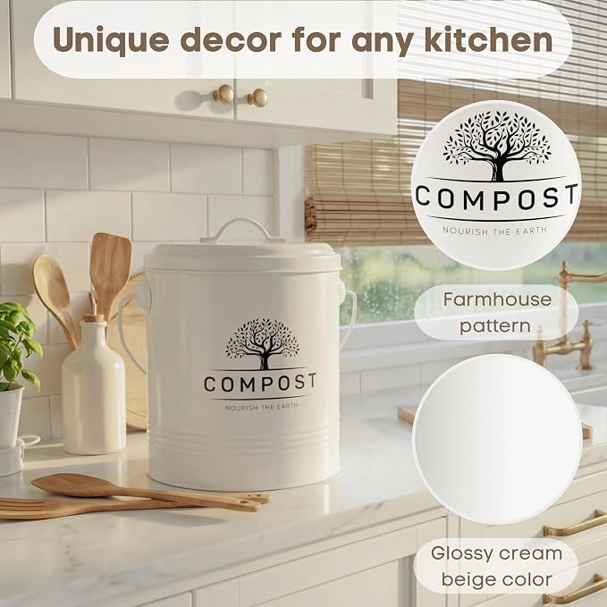 Perfnique 1.3 Gal Kitchen Compost Bin with Lid, Countertop Compost Caddy | Indoor compost bucket with inner bucket liner and carbon filter, compact food waste bin, farmhouse kitchen decor
