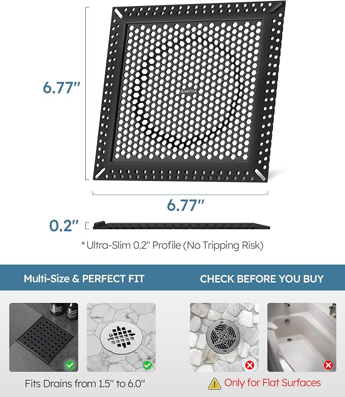 Square Shower Drain Hair Catcher, Flat Shower Drain Hair Catcher, Anti-Clogging Fast Drainage, Anti-Slip, Easy Clean Fits Bathroom Hair Catcher for Shower (Matte Black, 6 inch)