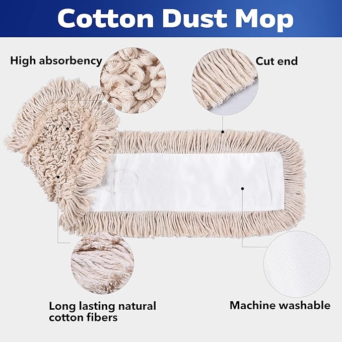 Matthew Cleaning 24'' Cotton Dust Mop Refill Washable Thick Tufted Replacement Heads for Residential & Commercial Use Fit All 24'' Dust Mop Frames, Hardwood, Laminate, Concrete Floors 12 Pack