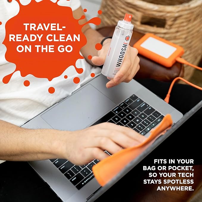 WHOOSH Screen Cleaner and Wipe Kit Duo, 3.7 fl oz + 0.3 fl oz | Large and Travel Size Bottles, Non Toxic and Odorless, For iPad, MacBook and Car Screens, 2 Microfiber Cloths
