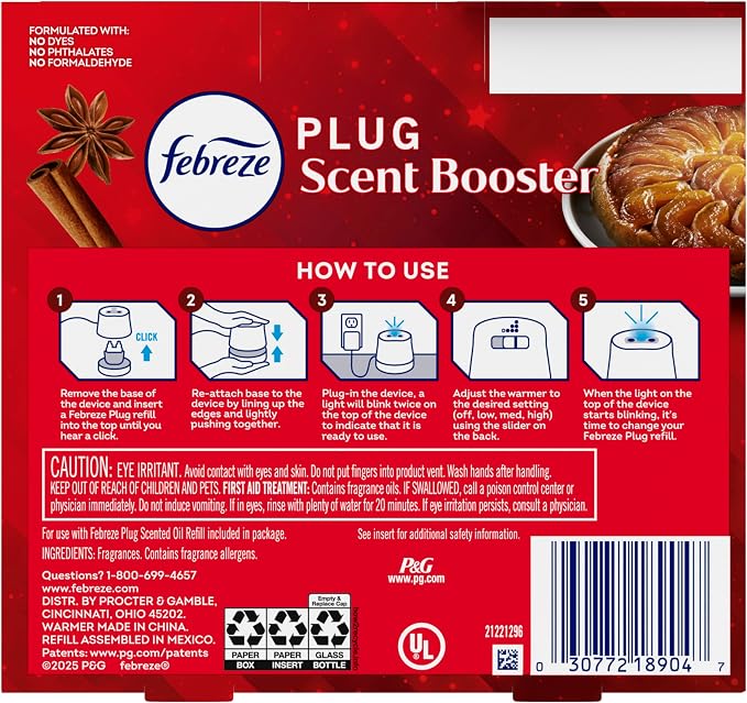 Febreze Plug Scent Booster Starter Kit, Oil Diffuser, Air Freshener Plug in, Continuous Scent, 2 Devices + 2 Baked Cinnamon Apple Refill
