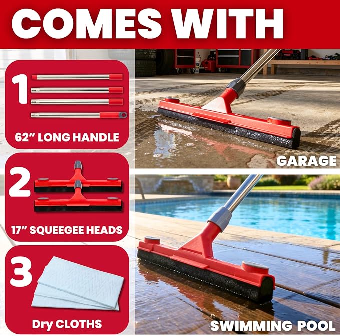 Floor Squeegee with 2 Replaceable Heads and Extendable 62" Long Handle | Double the Lifespan, 17" EVA Foam Blade, for Garage, Concrete, Tile, Patio, Pool, Shower & Uneven Surface Cleaning