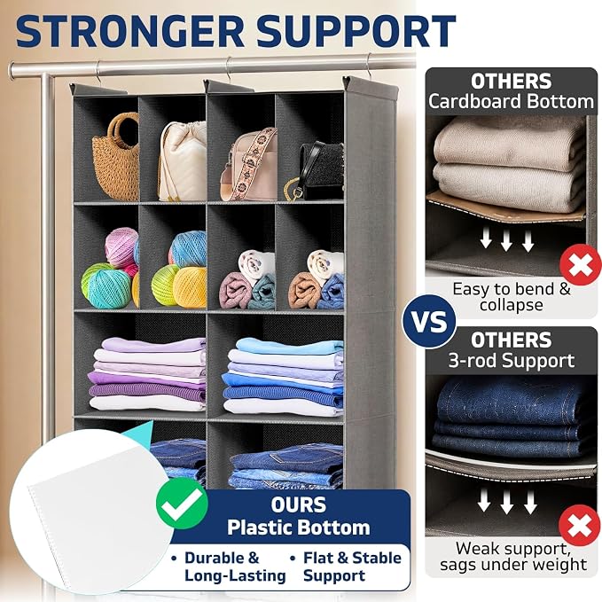 5 Tier Hanging Closet Organizer, 14 Compartments Dual Row Storage, Grey | Closet Organizers and Storage with Large & Small Pockets, 3 Sturdy Hooks Support Heavy Loads, Ideal for Dorm, Garment Rack