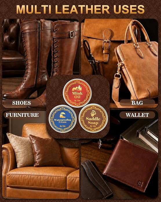 Jevvu Leather Shoe Cleaning Kit with Saddle Soap, Mink Oil & Waterproof Wax | Boot Cleaner & Shoe Shine Kit with Horsehair Brushes, Polish Cloths & Towel for Cowboy Boots, Work Boots, Shoes & Tack