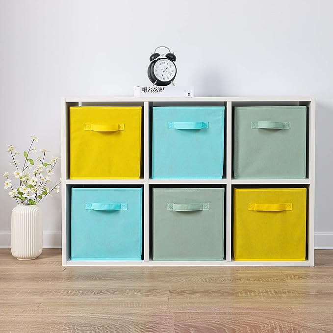 Stero 13x13x13 Inch Fabric Storage Bins 6 Pack Fun Colored Storage Cubes with Handles Foldable Cube Baskets for Home, Kids, Closet and Toys Organizer, Cyan, Green, Yellow
